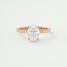 Oval cut solitaire Frank Darling lab grown diamond engagement ring with floral prongs, low profile basket and 1.8mm 3/4 french pave band in rose gold