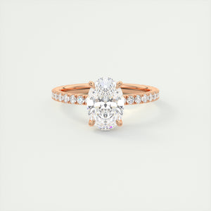 Oval cut solitaire Frank Darling lab grown diamond engagement ring with floral prongs, low profile basket and 1.8mm 3/4 french pave band in rose gold