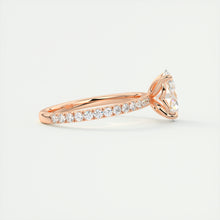 Oval cut solitaire Frank Darling lab grown diamond engagement ring with floral prongs, low profile basket and 1.8mm 3/4 french pave band in rose gold