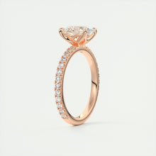 Oval cut solitaire Frank Darling lab grown diamond engagement ring with floral prongs, low profile basket and 1.8mm 3/4 french pave band in rose gold