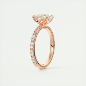 Oval cut solitaire Frank Darling lab grown diamond engagement ring with floral prongs, low profile basket and 1.8mm 3/4 french pave band in rose gold