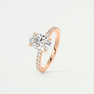 Oval cut solitaire Frank Darling lab grown diamond engagement ring with floral prongs, low profile basket and 1.8mm 3/4 french pave band in rose gold