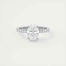 Oval cut solitaire Frank Darling lab grown diamond engagement ring with floral prongs, low profile basket and 1.8mm 3/4 french pave band in white gold