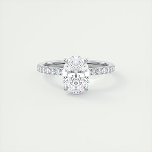 Oval cut solitaire Frank Darling lab grown diamond engagement ring with floral prongs, low profile basket and 1.8mm 3/4 french pave band in white gold