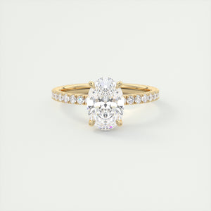 Oval cut solitaire Frank Darling lab grown diamond engagement ring with floral prongs, low profile basket and 1.8mm 3/4 french pave band in yellow gold