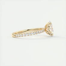 Oval cut solitaire Frank Darling lab grown diamond engagement ring with floral prongs, low profile basket and 1.8mm 3/4 french pave band in yellow gold