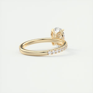 Oval cut solitaire Frank Darling lab grown diamond engagement ring with floral prongs, low profile basket and 1.8mm 3/4 french pave band in yellow gold