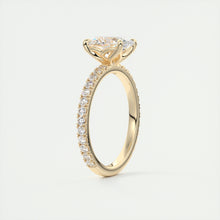 Oval cut solitaire Frank Darling lab grown diamond engagement ring with floral prongs, low profile basket and 1.8mm 3/4 french pave band in yellow gold