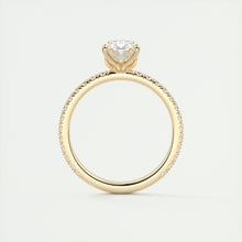 Oval cut solitaire Frank Darling lab grown diamond engagement ring with floral prongs, low profile basket and 1.8mm 3/4 french pave band in yellow gold