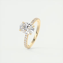 Oval cut solitaire Frank Darling lab grown diamond engagement ring with floral prongs, low profile basket and 1.8mm 3/4 french pave band in yellow gold