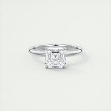 Art Deco inspired Frank Darling Asscher cut lab grown diamond engagement ring in white gold with floral prongs