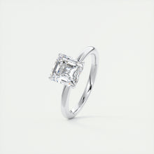 Art Deco inspired Frank Darling Asscher cut lab grown diamond engagement ring in white gold with floral prongs