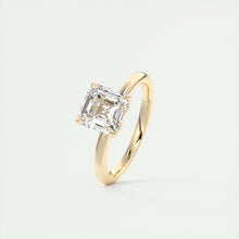 Art Deco inspired Frank Darling Asscher cut lab grown diamond engagement ring in yellow gold with floral prongs
