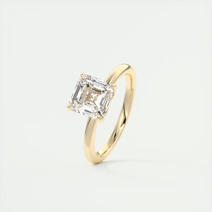 Art Deco inspired Frank Darling Asscher cut lab grown diamond engagement ring in yellow gold with floral prongs