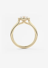 Vintage inspired round bezel set Frank Darling diamond engagement ring with millgrain detailing and a low profile trellis basket in yellow gold