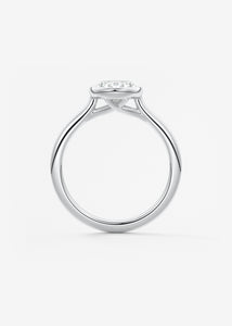 Vintage inspired oval bezel set Frank Darling diamond engagement ring with millgrain detailing and a low profile trellis basket in platinum