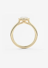 Vintage inspired oval bezel set Frank Darling diamond engagement ring with millgrain detailing and a low profile trellis basket in yellow gold
