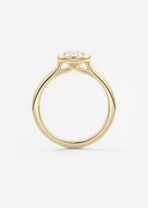 Vintage inspired oval bezel set Frank Darling diamond engagement ring with millgrain detailing and a low profile trellis basket in yellow gold