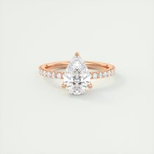 Three prong pear cut solitaire Frank Darling lab grown diamond engagement ring with floral prongs, low profile basket and 1.8mm french pave band in rose gold
