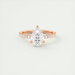 Three prong pear cut solitaire Frank Darling lab grown diamond engagement ring with floral prongs, low profile basket and 1.8mm french pave band in rose gold