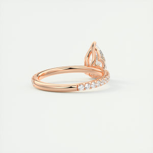 Three prong pear cut solitaire Frank Darling lab grown diamond engagement ring with floral prongs, low profile basket and 1.8mm french pave band in rose gold