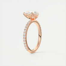 Three prong pear cut solitaire Frank Darling lab grown diamond engagement ring with floral prongs, low profile basket and 1.8mm french pave band in rose gold