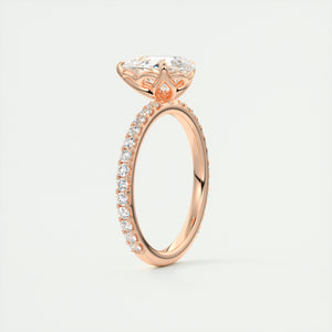 Three prong pear cut solitaire Frank Darling lab grown diamond engagement ring with floral prongs, low profile basket and 1.8mm french pave band in rose gold