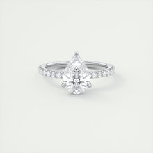 Three prong pear cut solitaire Frank Darling lab grown diamond engagement ring with floral prongs, low profile basket and 1.8mm french pave band in white gold