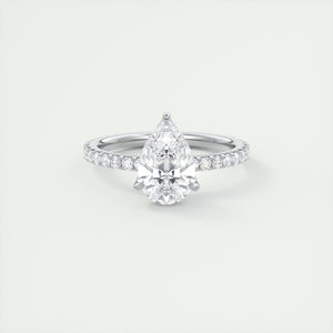 Three prong pear cut solitaire Frank Darling lab grown diamond engagement ring with floral prongs, low profile basket and 1.8mm french pave band in white gold