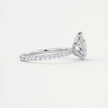 Three prong pear cut solitaire Frank Darling lab grown diamond engagement ring with floral prongs, low profile basket and 1.8mm french pave band in white gold