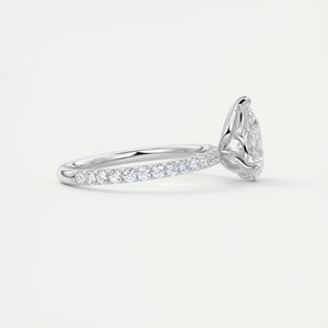 Three prong pear cut solitaire Frank Darling lab grown diamond engagement ring with floral prongs, low profile basket and 1.8mm french pave band in white gold