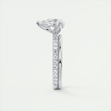 Three prong pear cut solitaire Frank Darling lab grown diamond engagement ring with floral prongs, low profile basket and 1.8mm french pave band in white gold