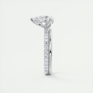 Three prong pear cut solitaire Frank Darling lab grown diamond engagement ring with floral prongs, low profile basket and 1.8mm french pave band in white gold