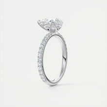 Three prong pear cut solitaire Frank Darling lab grown diamond engagement ring with floral prongs, low profile basket and 1.8mm french pave band in white gold