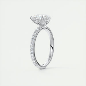Three prong pear cut solitaire Frank Darling lab grown diamond engagement ring with floral prongs, low profile basket and 1.8mm french pave band in white gold