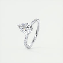 Three prong pear cut solitaire Frank Darling lab grown diamond engagement ring with floral prongs, low profile basket and 1.8mm french pave band in white gold