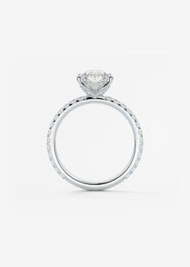 Three prong pear cut solitaire Frank Darling lab grown diamond engagement ring with floral prongs, low profile basket and 1.8mm french pave band in white gold