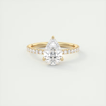 Three prong pear cut solitaire Frank Darling lab grown diamond engagement ring with floral prongs, low profile basket and 1.8mm french pave band in yellow gold
