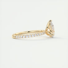 Three prong pear cut solitaire Frank Darling lab grown diamond engagement ring with floral prongs, low profile basket and 1.8mm french pave band in yellow gold