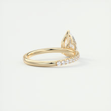 Three prong pear cut solitaire Frank Darling lab grown diamond engagement ring with floral prongs, low profile basket and 1.8mm french pave band in yellow gold