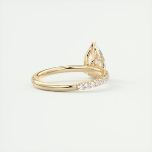 Three prong pear cut solitaire Frank Darling lab grown diamond engagement ring with floral prongs, low profile basket and 1.8mm french pave band in yellow gold
