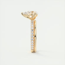 Three prong pear cut solitaire Frank Darling lab grown diamond engagement ring with floral prongs, low profile basket and 1.8mm french pave band in yellow gold