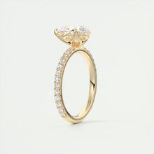 Three prong pear cut solitaire Frank Darling lab grown diamond engagement ring with floral prongs, low profile basket and 1.8mm french pave band in yellow gold