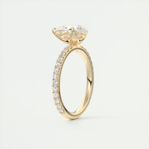 Three prong pear cut solitaire Frank Darling lab grown diamond engagement ring with floral prongs, low profile basket and 1.8mm french pave band in yellow gold