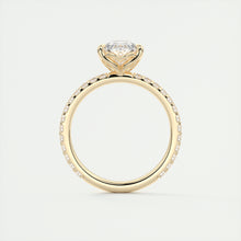 Three prong pear cut solitaire Frank Darling lab grown diamond engagement ring with floral prongs, low profile basket and 1.8mm french pave band in yellow gold