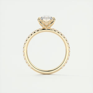 Three prong pear cut solitaire Frank Darling lab grown diamond engagement ring with floral prongs, low profile basket and 1.8mm french pave band in yellow gold