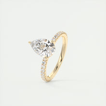 Three prong pear cut solitaire Frank Darling lab grown diamond engagement ring with floral prongs, low profile basket and 1.8mm french pave band in yellow gold