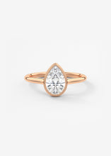 Vintage inspired pear bezel set Frank Darling diamond engagement ring with millgrain detailing and a low profile trellis basket in rose gold