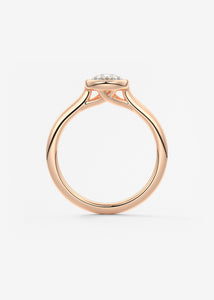 Vintage inspired pear bezel set Frank Darling diamond engagement ring with millgrain detailing and a low profile trellis basket in rose gold