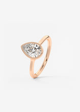 Vintage inspired pear bezel set Frank Darling diamond engagement ring with millgrain detailing and a low profile trellis basket in rose gold